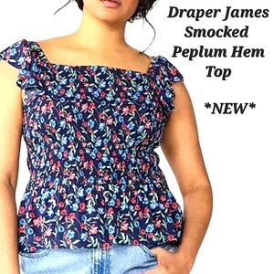 Draper James Navy Floral Smocked Peplum Top NEW Size Medium Summer Floral Top